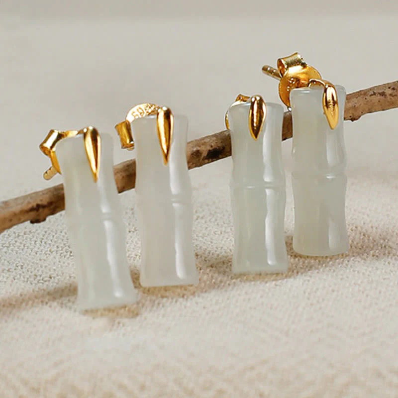 Buddha Stones Bamboo Hetian Jade 925 Sterling Silver Leaf Wealth Earrings