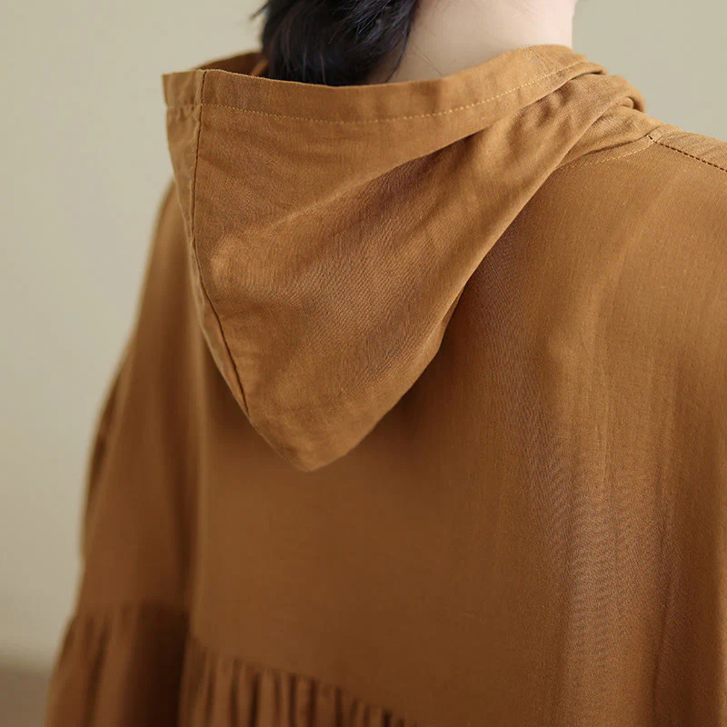 Buddha Stones Fall Hoodie Design Long Sleeve Cotton Linen Midi Dress With Pockets