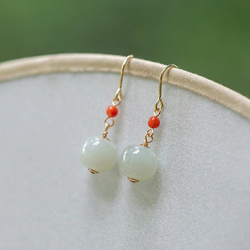 Buddha Stones 925 Sterling Silver 14K Gold Plated Hetian Jade Red Agate Luck Drop Dangle Earrings