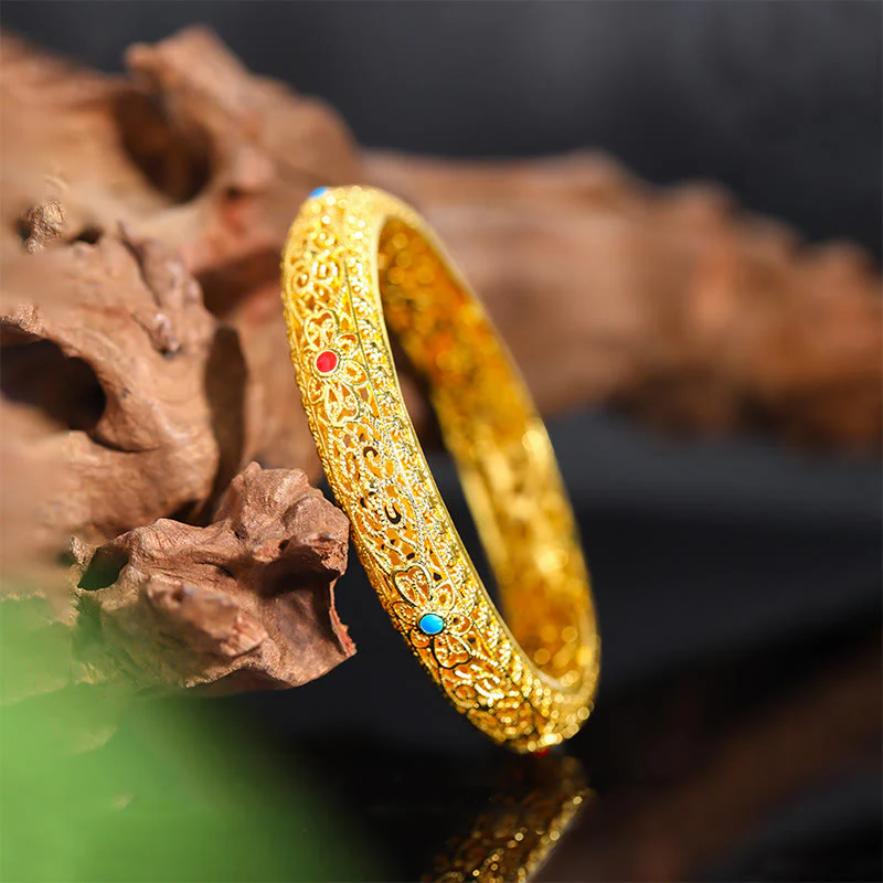 Buddha Stones Copper Plated Gold Flowers Vine Pattern Luck Bracelet Bangle 2.44 IN (62 MM)