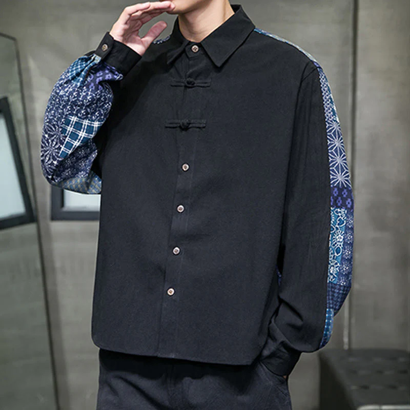 Buddha Stones Men's Flower Pattern Stitching Cotton Blend Long Sleeve Shirt