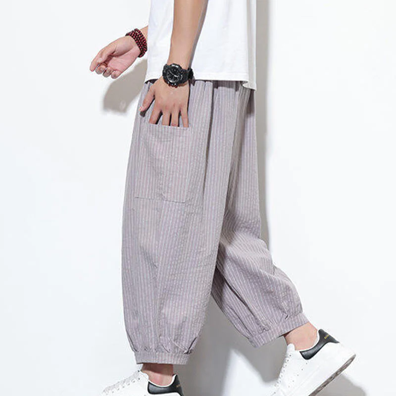 Buddha Stones Casual Striped Men's Cotton 7-8 Length Harem Pants With Pockets