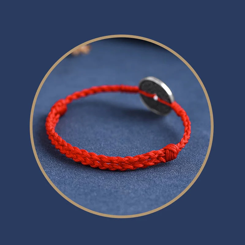 Buddha Stones 925 Sterling Silver Coin Protection Braided Bracelet Anklet