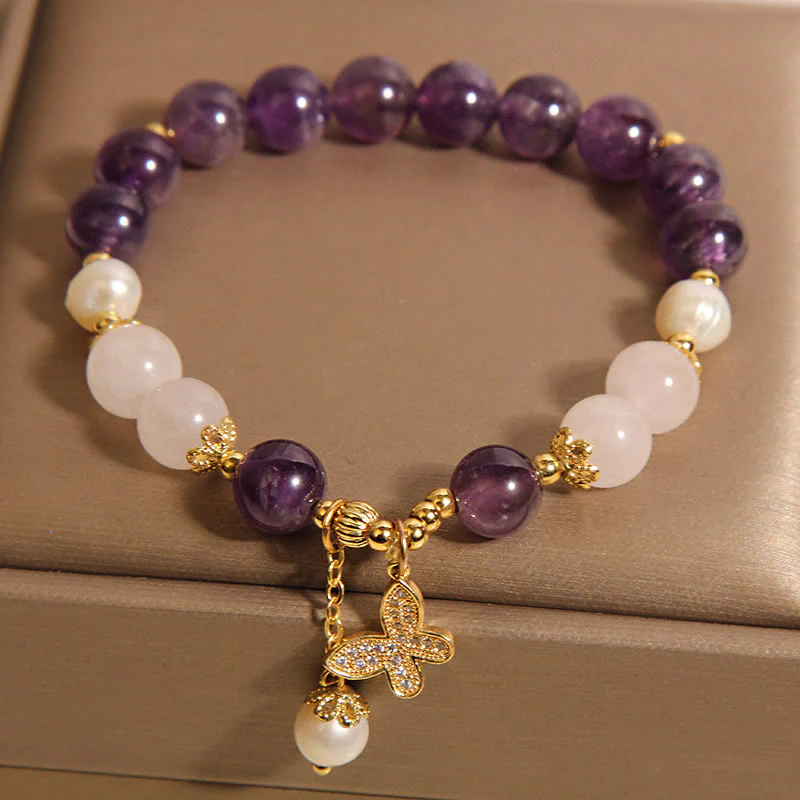 Buddha Stones Natural Amethyst Pearl Crystal Spiritual Healing Butterfly Charm Bracelet