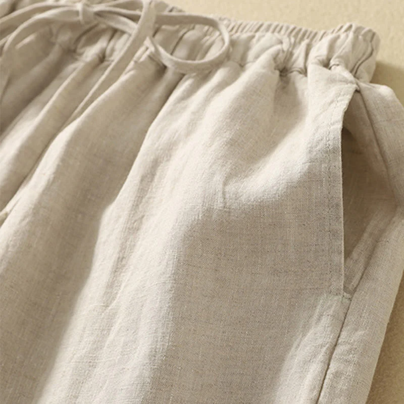 Buddha Stones Casual Retro Drawstring Embroidery Design Women's Cotton Linen 7-8 Length Pants With Pockets