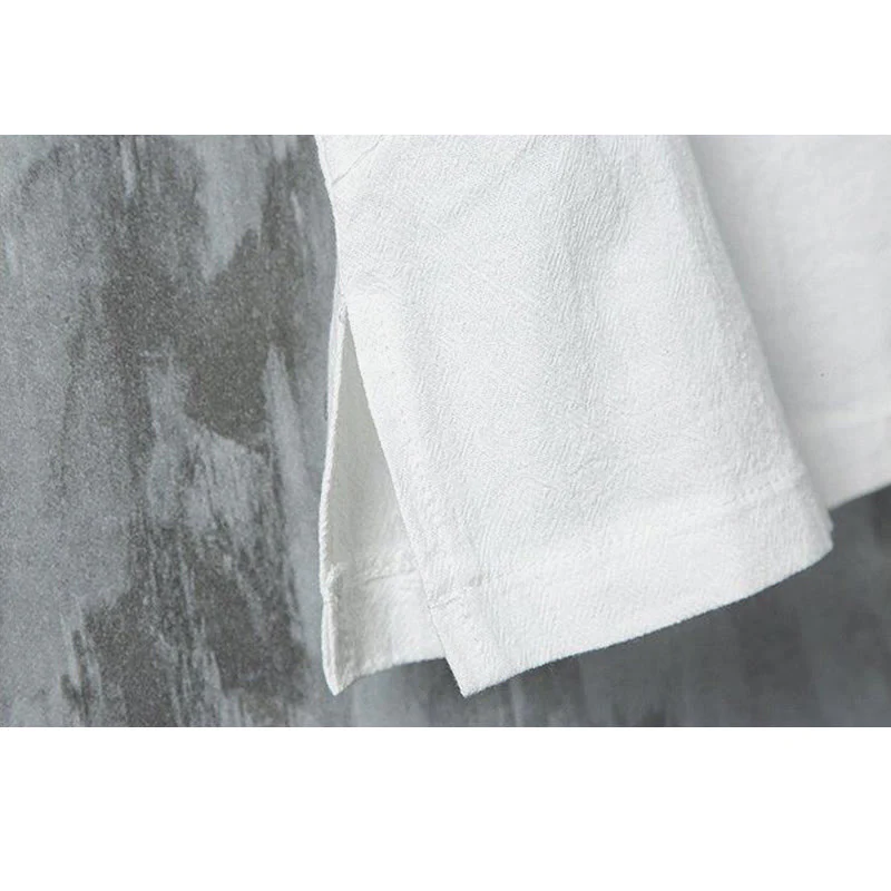 Buddha Stones Summer Chinese Frog-Button Printing Men's Plain Patchwork Half Sleeve Cotton Linen Shirt