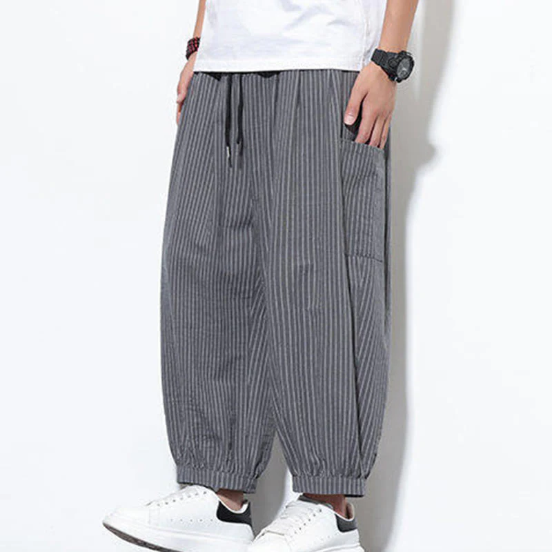 Buddha Stones Casual Striped Men's Cotton 7-8 Length Harem Pants With Pockets