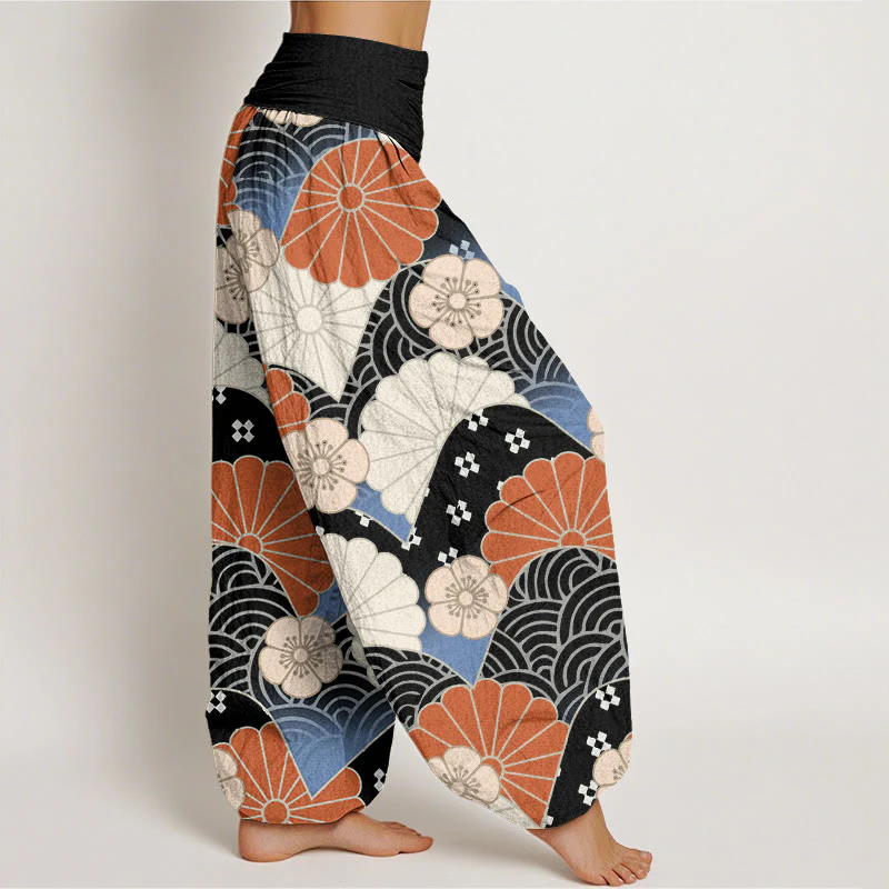 Buddha Stones Casual Abstract Petal And Wave Pattern Women's Elastic Waist Harem Pants