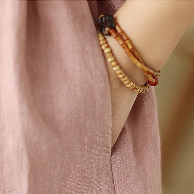 Buddha Stones Casual Plain Drawstring Button Cotton Linen Midi Dress With Pockets