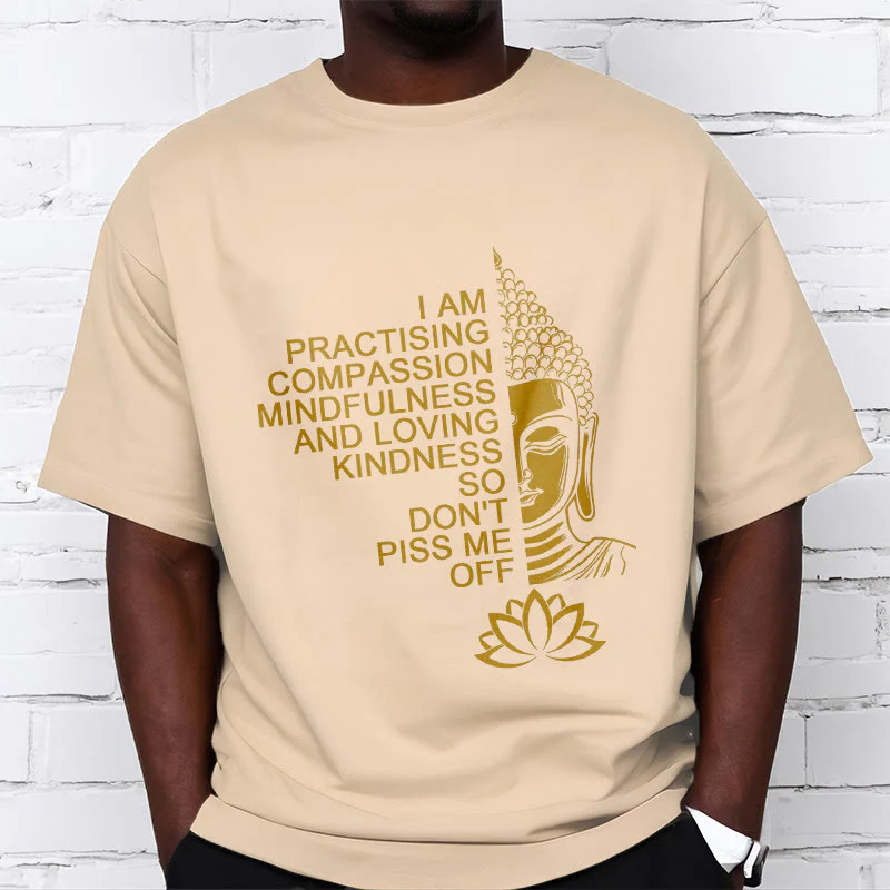 Buddha Stones Casual Golden Side Buddha Lotus Flower Pattern Cotton Tee T-Shirt