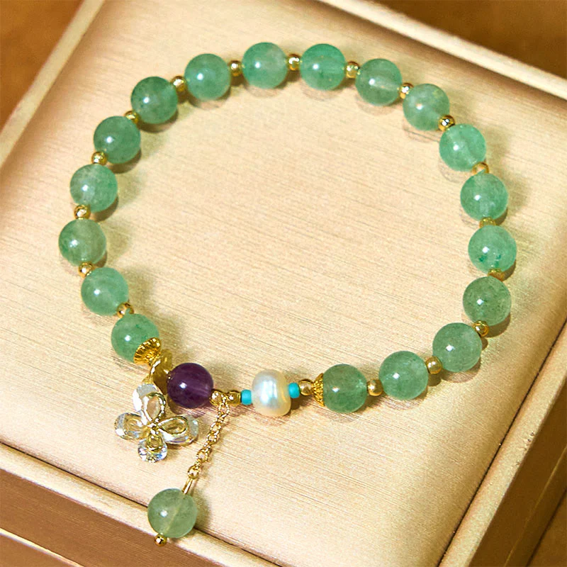 Buddha Stones Natural Strawberry Quartz Green Strawberry Quartz Butterfly Charm Love Bracelet