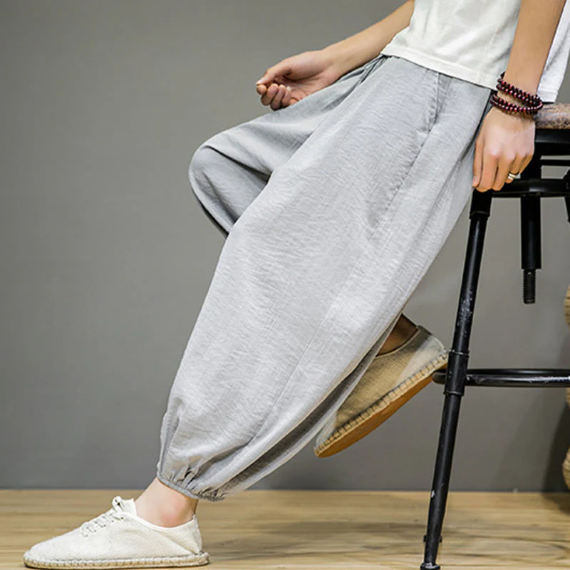 Buddha Stones Summer Plain Drawstring Men's Ankle-Length Cotton Harem Pants With Pockets