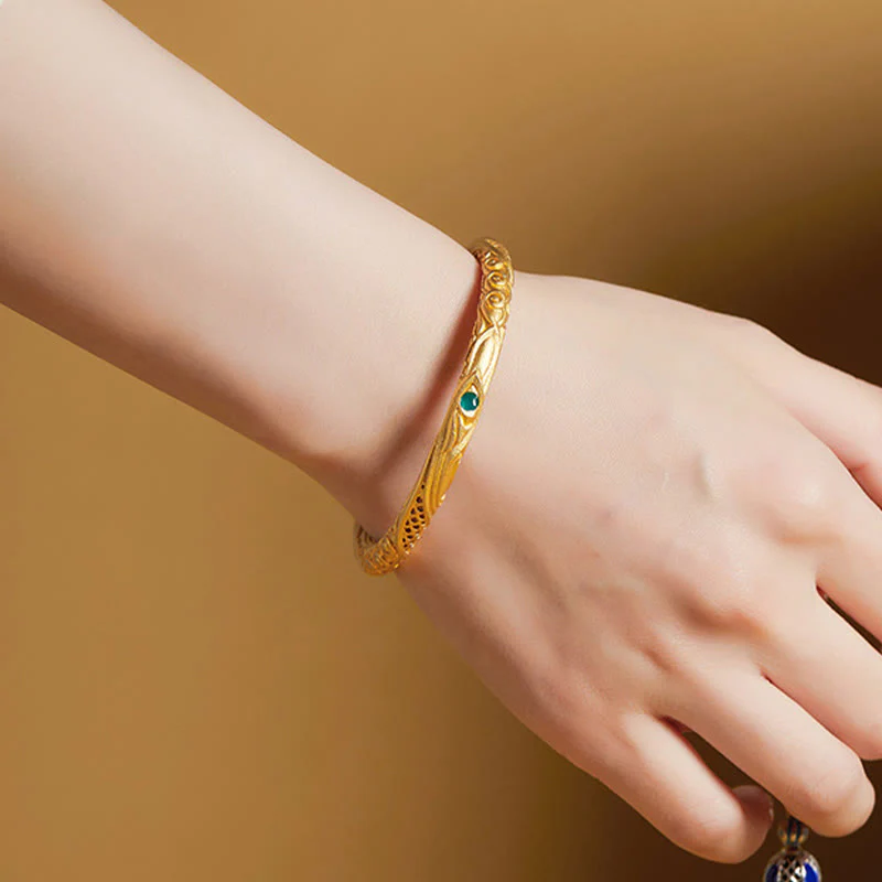 Buddha Stones 999 Sterling Silver Golden Flower Hollow Design Blessing Bracelet Bangle