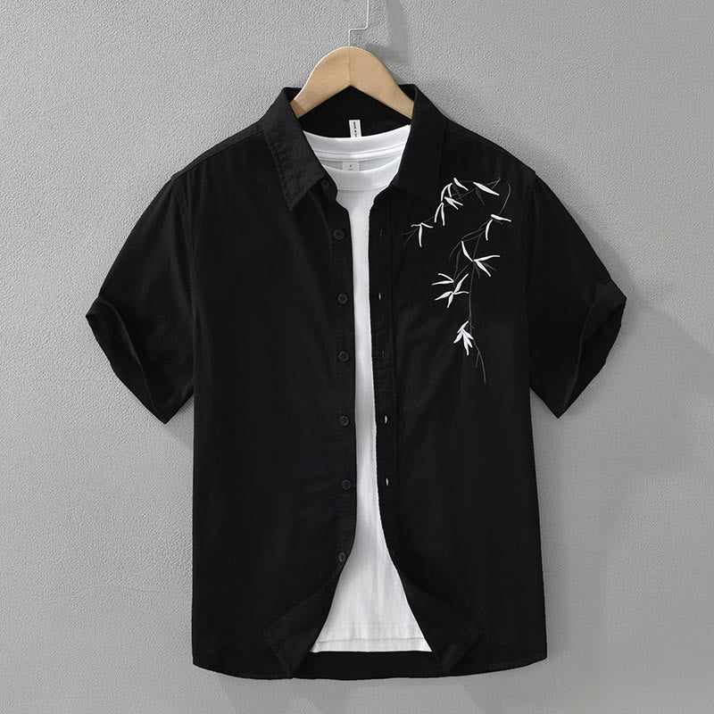 Buddha Stones Artistic Simple Design Embroidery Bamboo Pattern Men's Short Sleeve Cotton Shirt