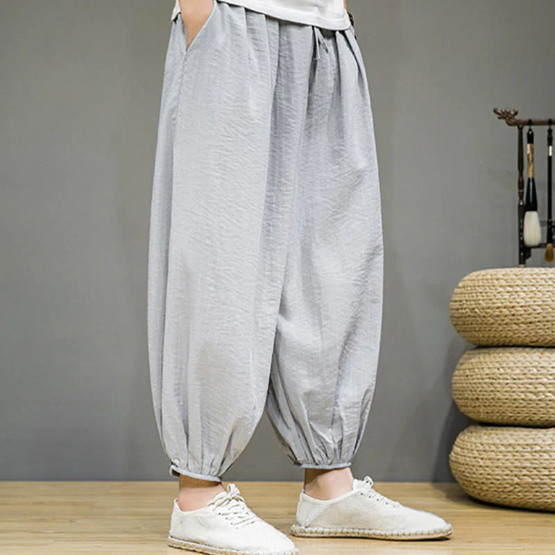 Buddha Stones Summer Plain Drawstring Men's Ankle-Length Cotton Harem Pants With Pockets