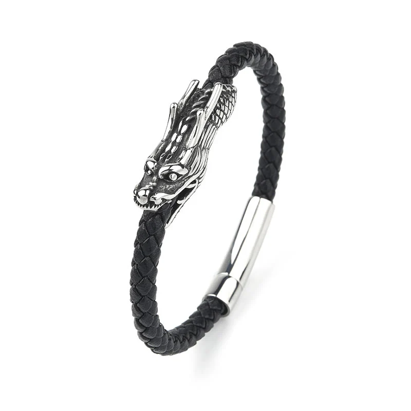 Buddha Stones Dragon Leather Titanium Steel Strength Buckle Bracelet