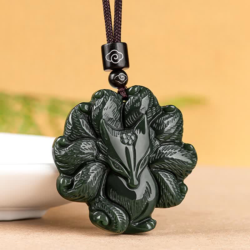 Buddha Stones Hetian Cyan Jade Nine Tailed Fox Luck Necklace String Pendant