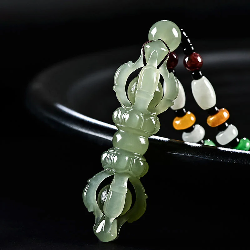 Buddha Stones Tibetan Natural Hetian Cyan Jade White Jade Dorje Vajra Engraved Success Necklace Pendant