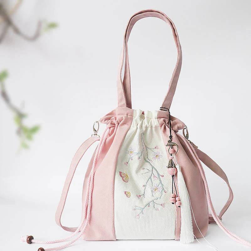 Buddha Stones Embroidered Grass Flowers Cherry Blossom Canvas Tote Crossbody Bag Shoulder Bag Handbag