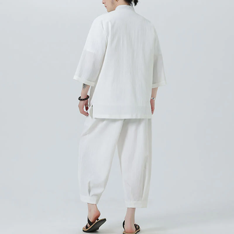 Buddha Stones 2Pcs Solid Frog-Button Three Quarter Sleeve Shirt Pants Men's Set