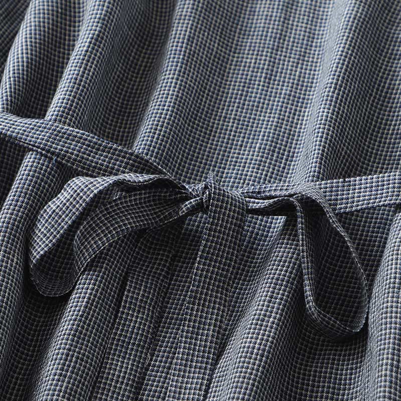 Buddha Stones Commute MidnightBlue Plaid Lace-Up Design Cotton Linen Midi Dress With Pockets