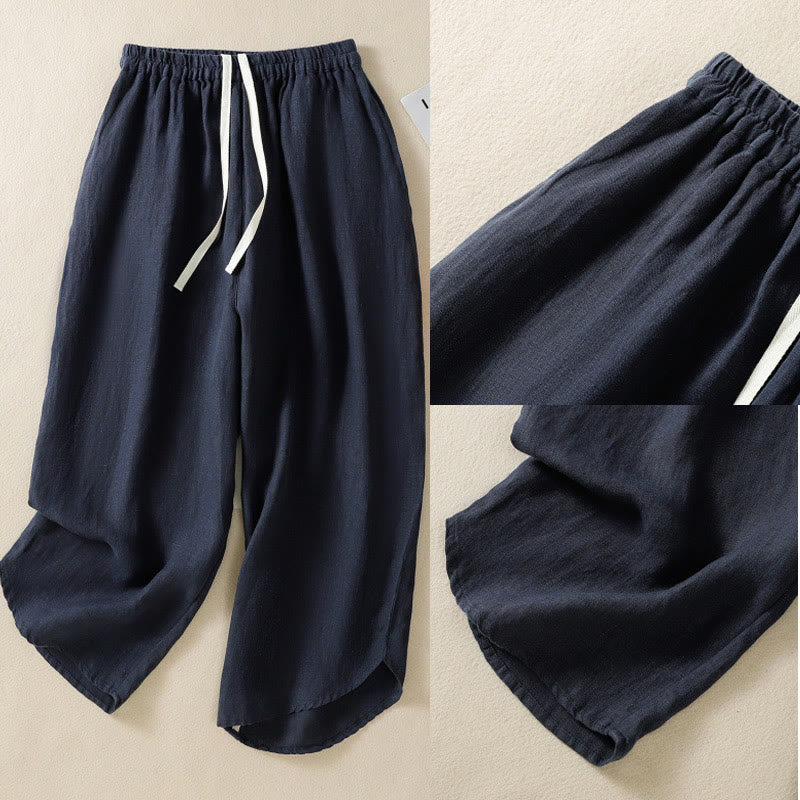 Buddha Stones Casual Plain Drawstring Design Women's Cotton 7-8 Length Pants With Pockets