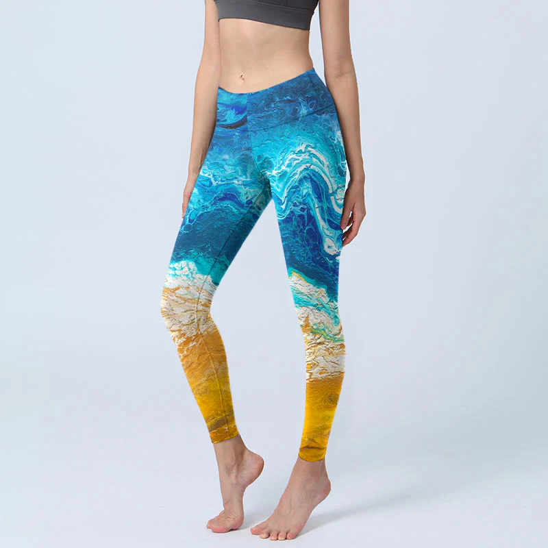 Buddha Stones Ocean Wave Golden Shore Pattern Print Gym Leggings Women's Yoga Pants