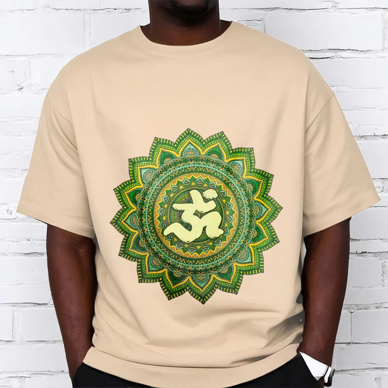 Buddha Stones Casual Green Mandala Om Symbol Pattern Cotton Tee T-shirt