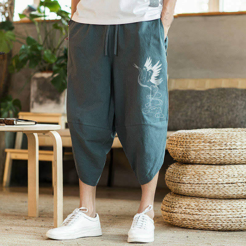 Buddha Stones White Crane Clouds Embroidery Cotton Linen Men's 7-8 Length Harem Pants With Pockets