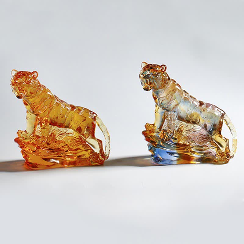 Buddha Stones Handmade Liuli Crystal Tiger Art Piece Protection Home Decoration