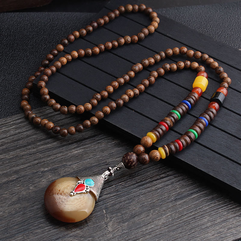 Buddha Stones Tibetan Wenge Wood Bodhi Seed Agate Balance Peace Necklace Pendant