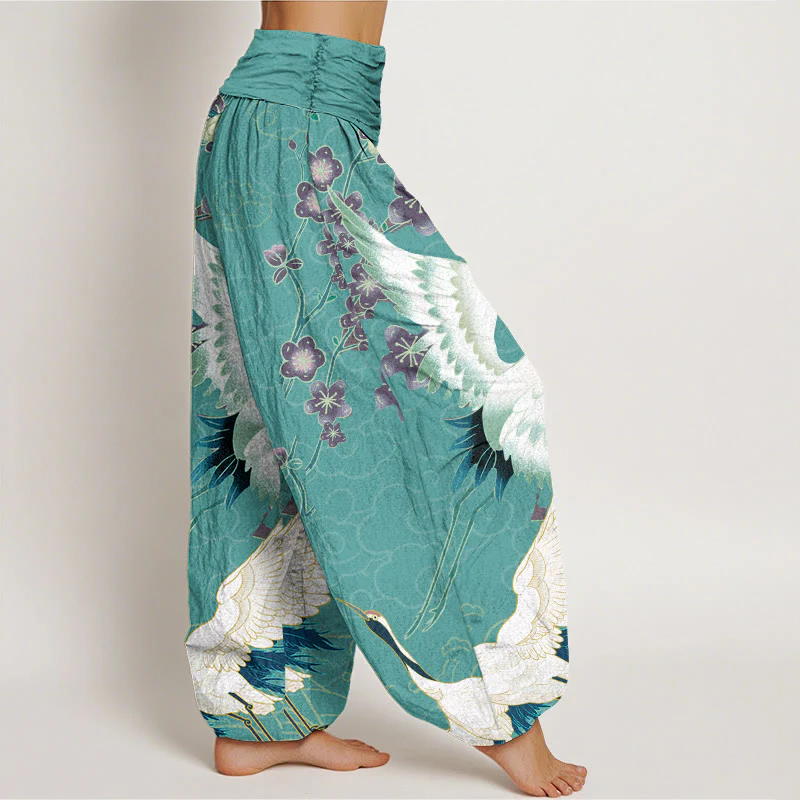 Buddha Stones Cranes Flowers Auspicious Clouds pattern Women's Elastic Waist Harem Pants
