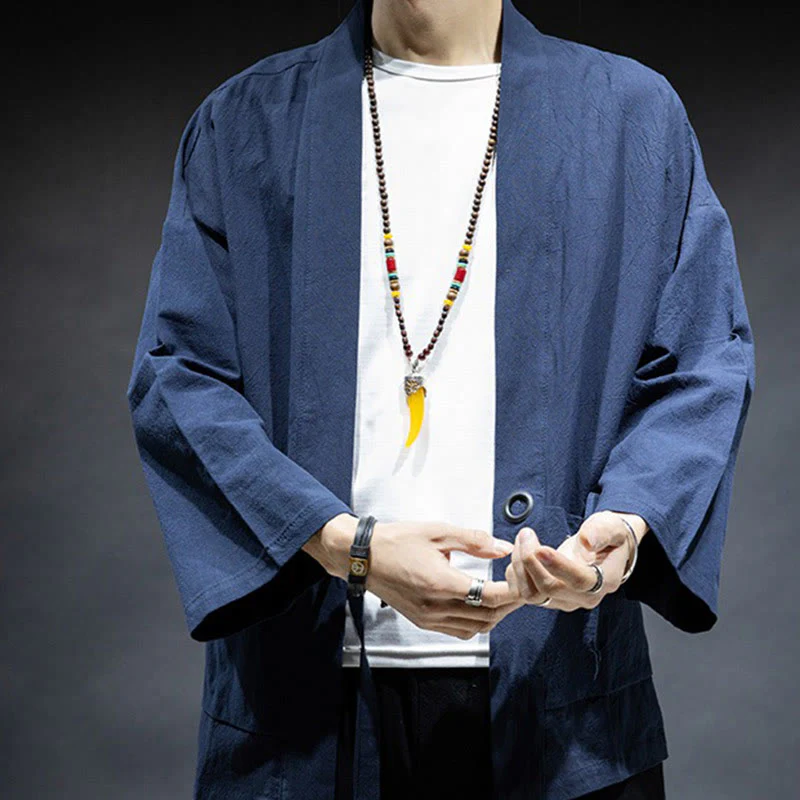 Buddha Stones Solid Color Lace-up Open Front Jacket Cotton Men's Kimono