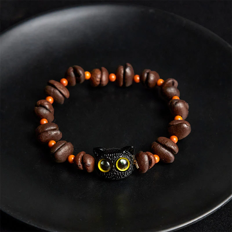 Buddha Stones Natural Cute Cat Coffee Beans Bracelet