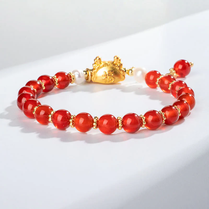 Buddha Stones Year Of The Dragon Natural Red Agate Pink Crystal Black Onyx Dumpling Luck Fu Character Bracelet