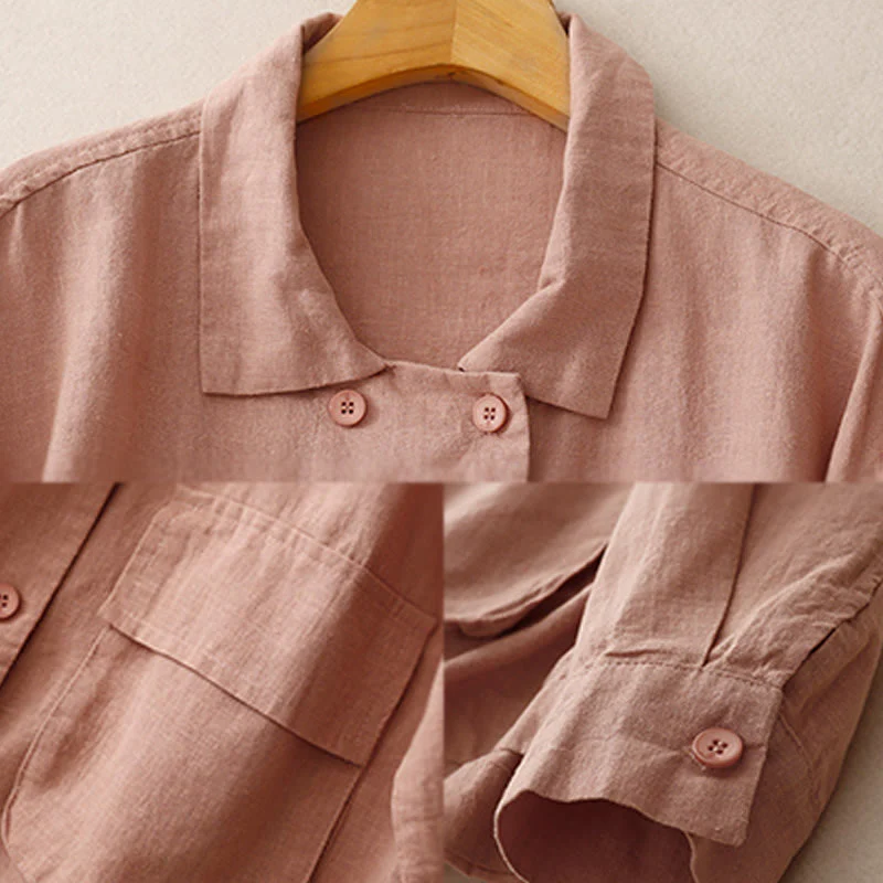 Buddha Stones Double‑Breasted Design Long Sleeve Women's Cotton Linen Jacket With Pockets