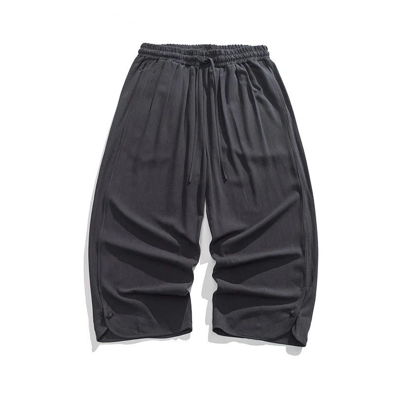 Buddha Stones Casual Loose Frog-Button Plain Men's Cotton Linen 7-8 Length Pants With Pockets