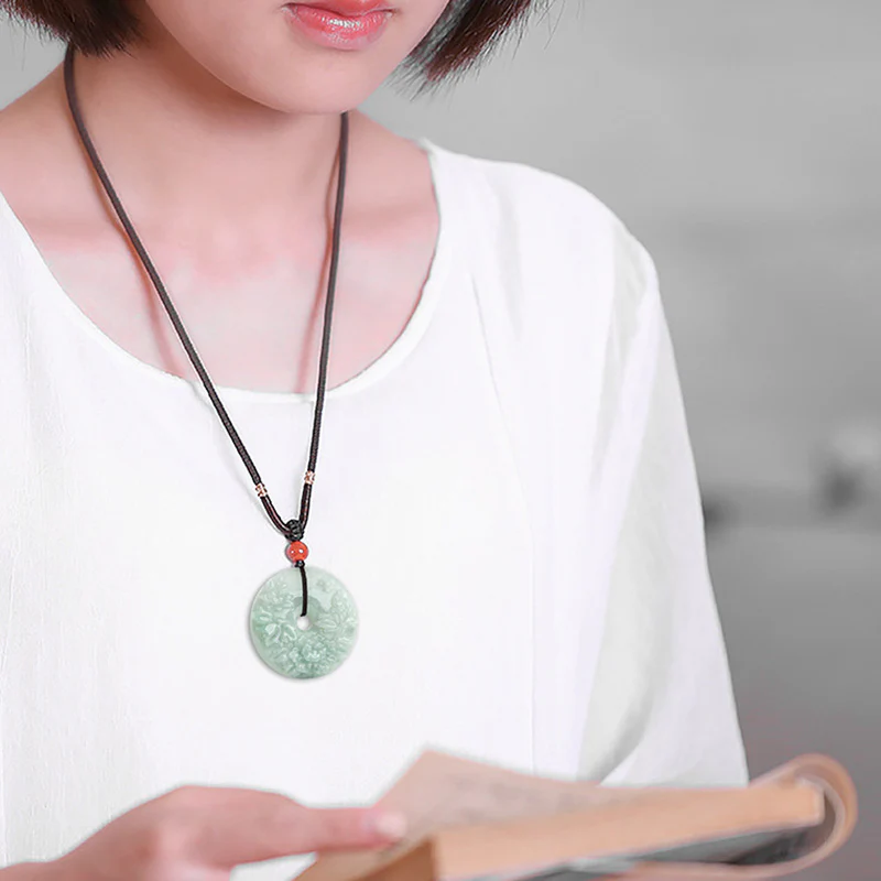 Buddha Stones Round Jade Peace Buckle Peony Flower Abundance Necklace Pendant