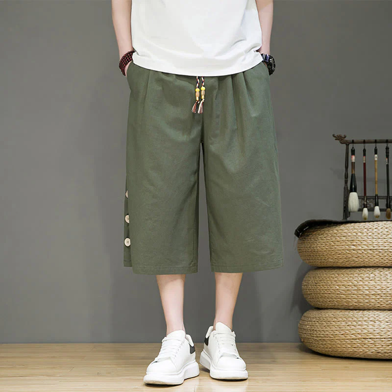 Buddha Stones Casual Plain Side Button Design Drawstring Men's Cotton Cropped Pants With Pockets