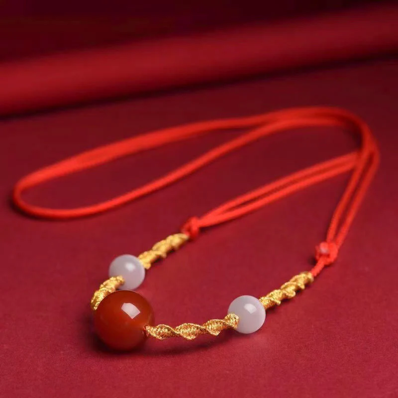 Buddha Stones Natural Red Agate Cat Eye Calm Braided String Bracelet Necklace Pendant