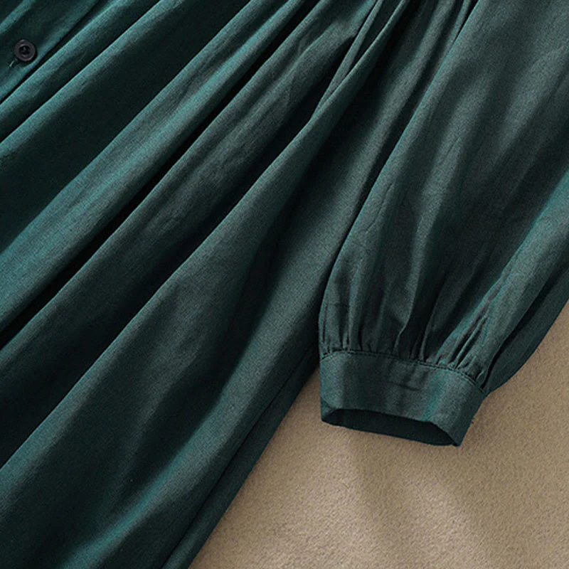 Buddha Stones DarkGreen Plain Ruffled Crew Neck Buttons Design Cotton Midi Dress With Pockets