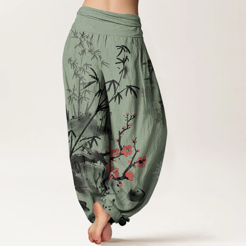 Buddha Stones Plum Blossoms Bamboo Orchids Chrysanthemums Pattern Women's Elastic Waist Harem Pants