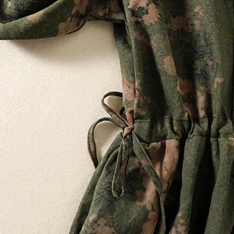 Buddha Stones Casual Printing Drawstring Chinese Frog-Button Cotton Linen Midi Dress With Pockets