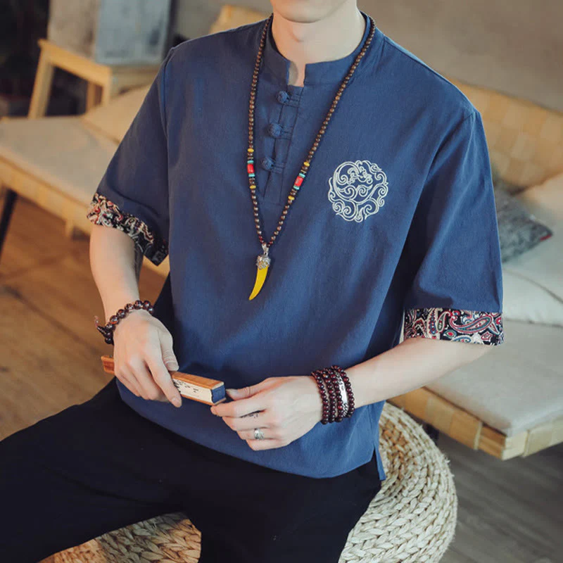 Buddha Stones Frog-Button Dragon Embroidery Chinese Tang Suit Short Sleeve Shirt Linen Men Clothing