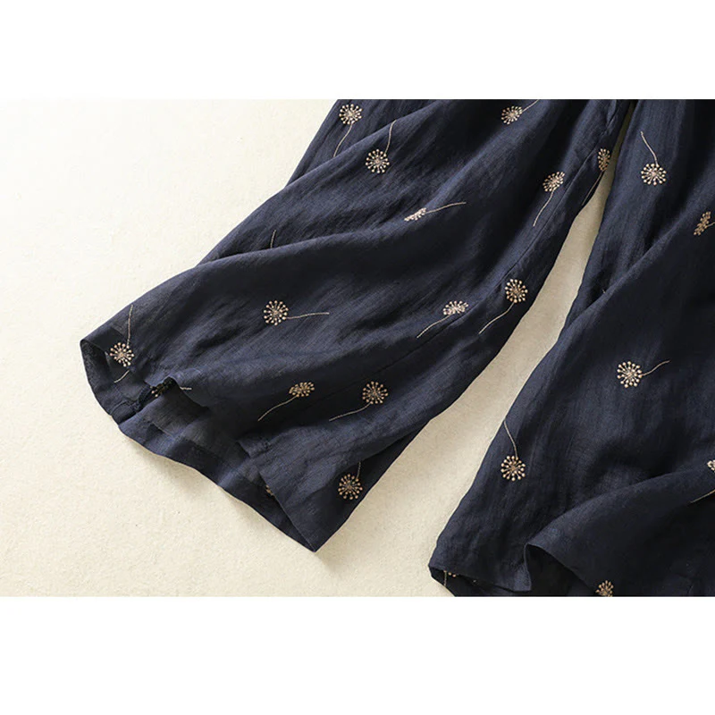 Buddha Stones MidnightBlue Commute Casual Dandelion Pattern Women's Wide Leg Cotton Linen Pants