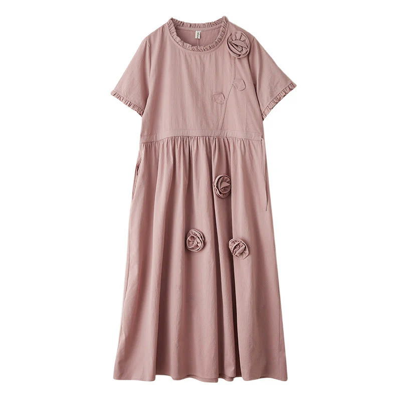Buddha Stones Three-Dimensional Flower Design Ruffled Neck Cotton Linen Midi Dress With Pockets