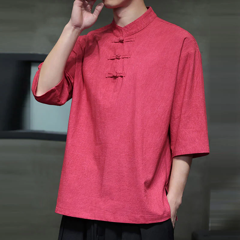 Buddha Stones Men's Chinese Frog-Button Tang Suit Half Sleeve Cotton Linen Shirt