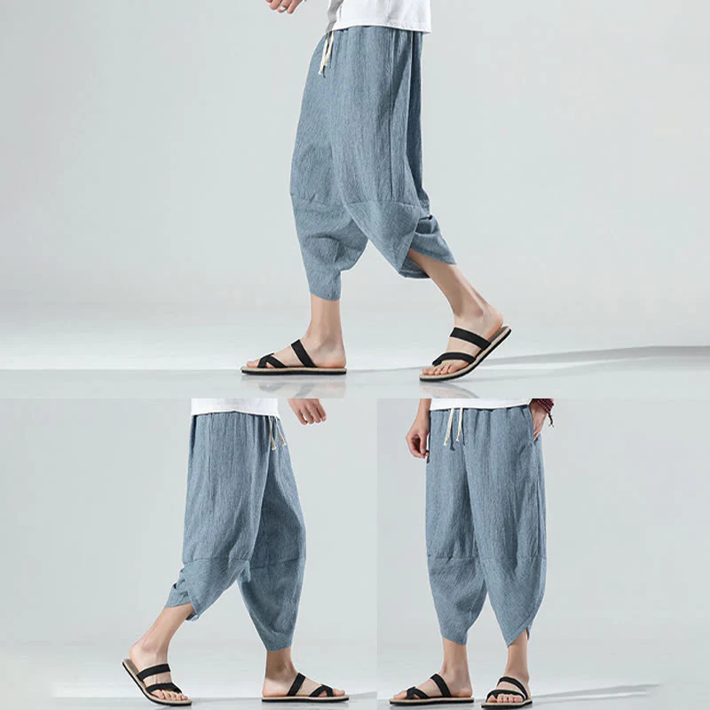 Buddha Stones Plain Simple Design Drawstring 7-8 Length Linen Men's Harem Pants With Pockets