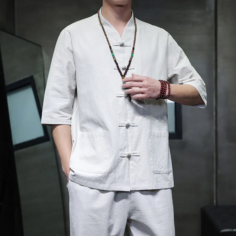 Buddha Stones 2Pcs Tang Suit Frog-Button Design Shirt Pants With Pockets Men's Cotton Linen Meditation Cloth Set