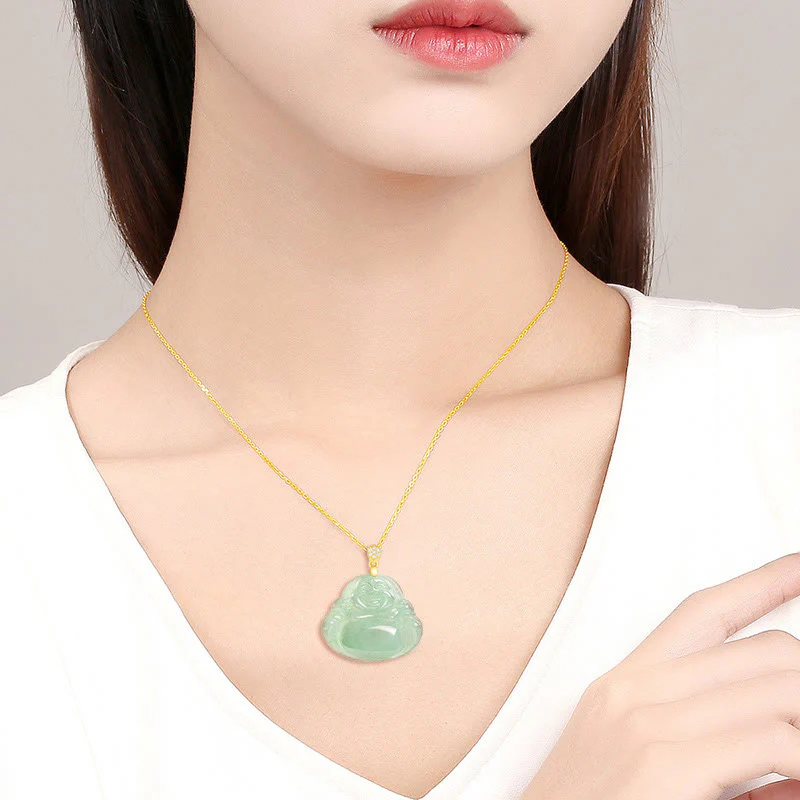 Buddha Stones 925 Sterling Silver Natural Jade Laughing Buddha Luck Prosperity Chain Necklace Pendant